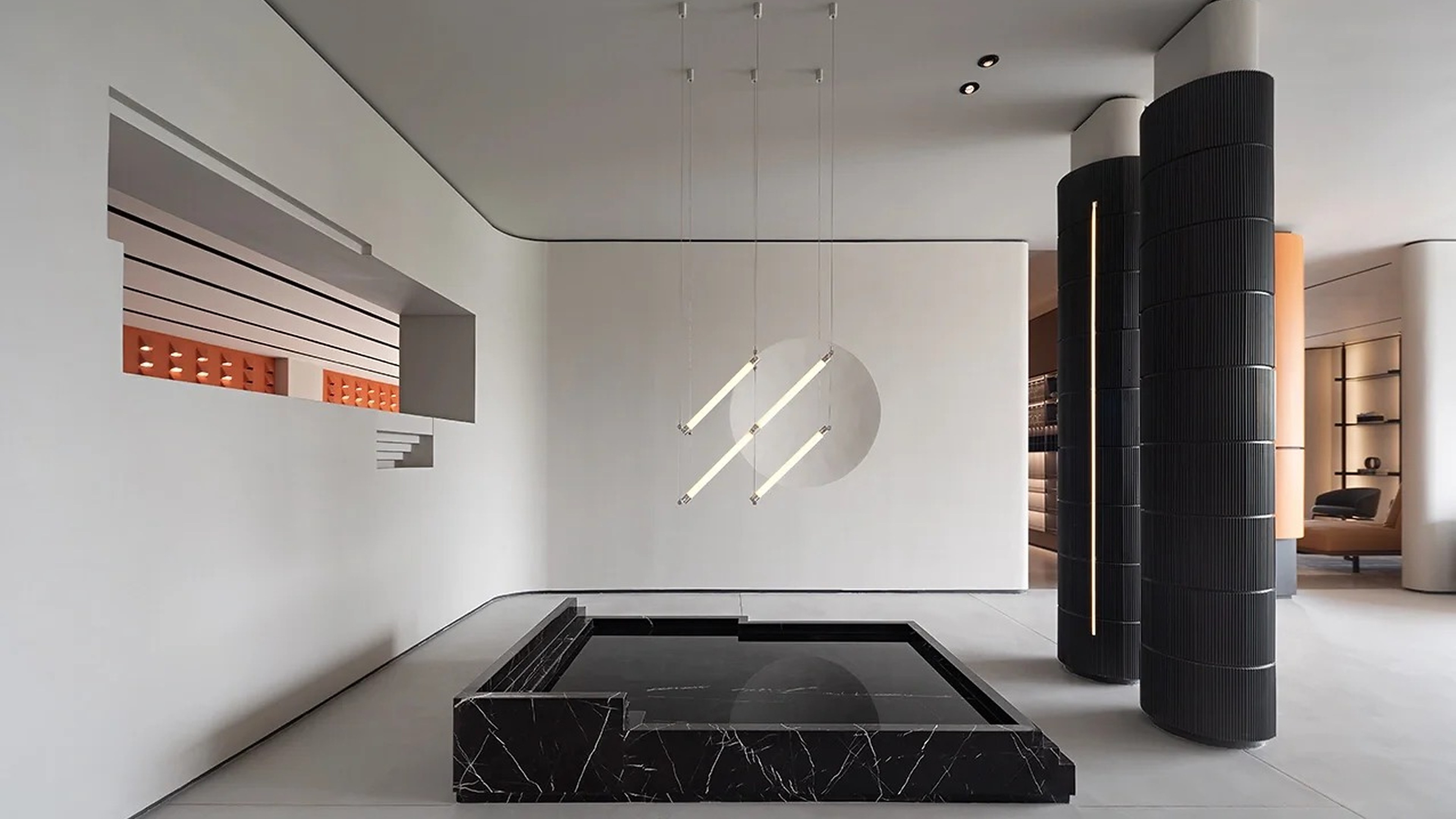 Minimal interior lighting plan with architectural pendant fixtures